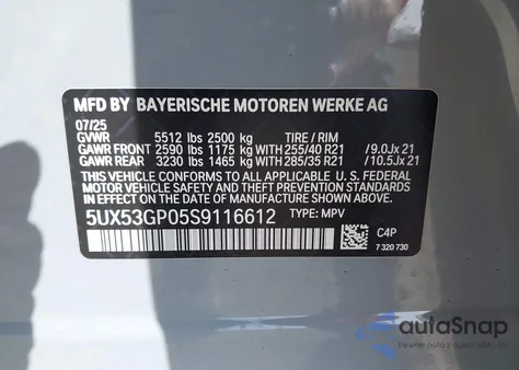 2025 BMW X3 30 xDrive из США, поврежденный, VIN 5UX53GP05S9116612